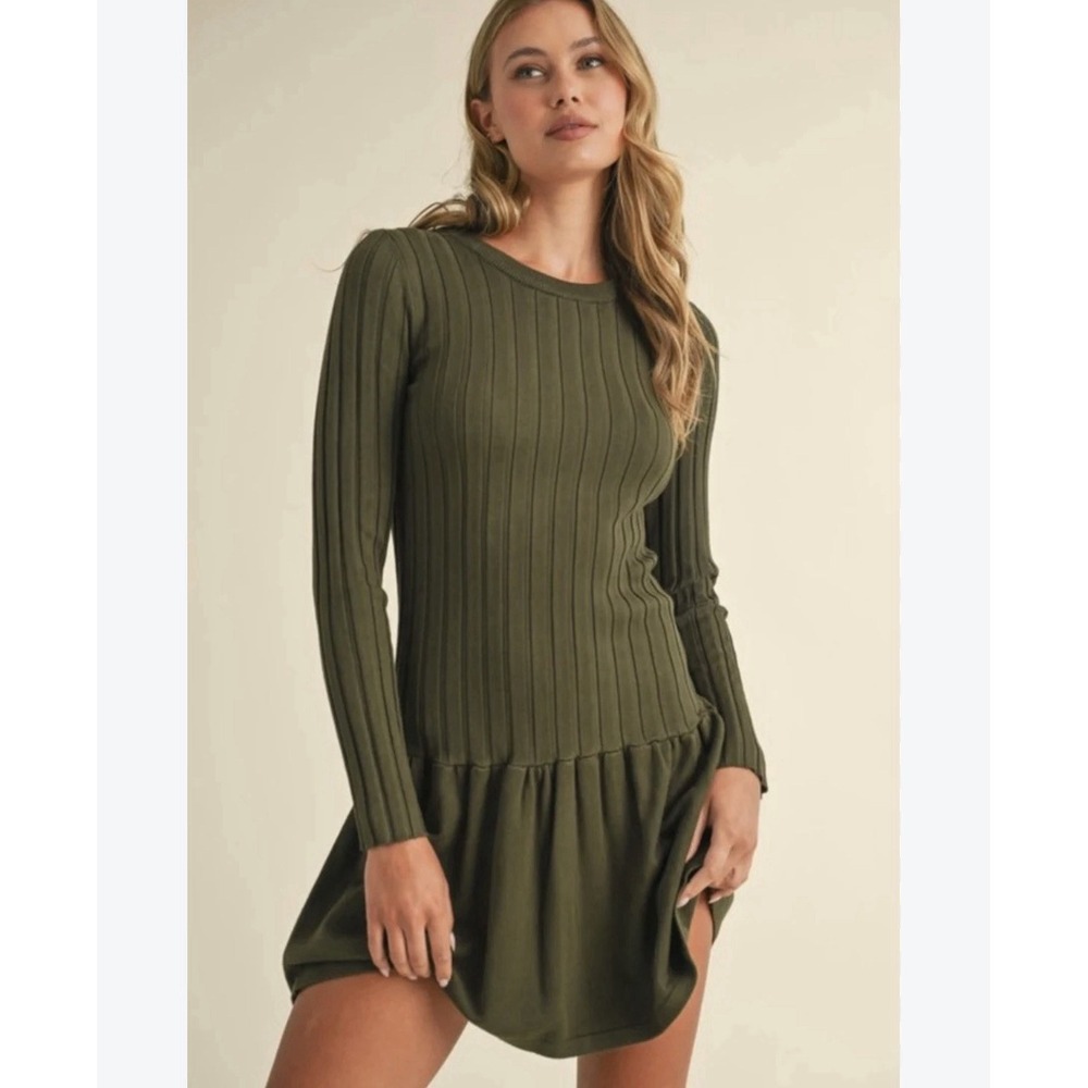 Klesis Ribbed Drop Waist Mini Dress Size S Olive Green Bodycon Dark Academia